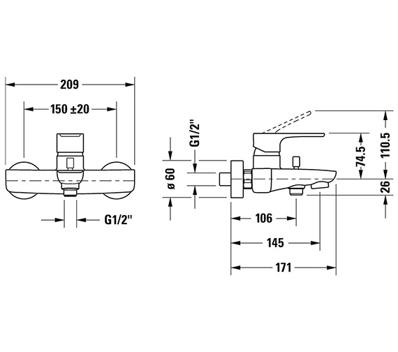 Duravit B.1 Single Lever Chrome Bath Mixer Tap For Exposed Installation 4 Duravit B.1 Single Lever Chrome Bath Mixer Tap For Exposed Installation - Image 2
