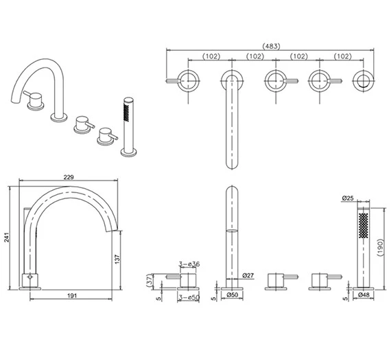 Crosswater MPRO 5 Hole Deck Mounted Chrome Bath Shower Mixer Tap Set 4 Crosswater MPRO 5 Hole Deck Mounted Chrome Bath Shower Mixer Tap Set - Image 2