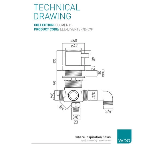 Vado Elements Deck Mounted Chrome 2 Way Diverter 4 Vado Elements Deck Mounted Chrome 2 Way Diverter - Image 2