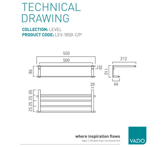 Vado Level Chrome Towel Shelf With Rail 4 Vado Level Chrome Towel Shelf With Rail - Image 2