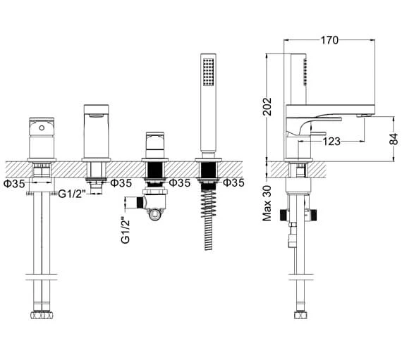 Crosswater Style 4 Hole Set Chrome Bath Shower Mixer Tap With Kit 4 Crosswater Style 4 Hole Set Chrome Bath Shower Mixer Tap With Kit - Image 2