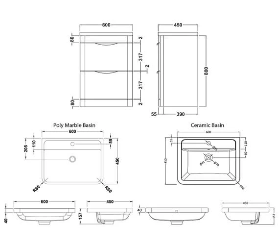Nuie Parade 800mm High 2 Drawer Floor Standing Cabinet And Basin 4 Nuie Parade 800mm High 2 Drawer Floor Standing Cabinet And Basin - Image 2