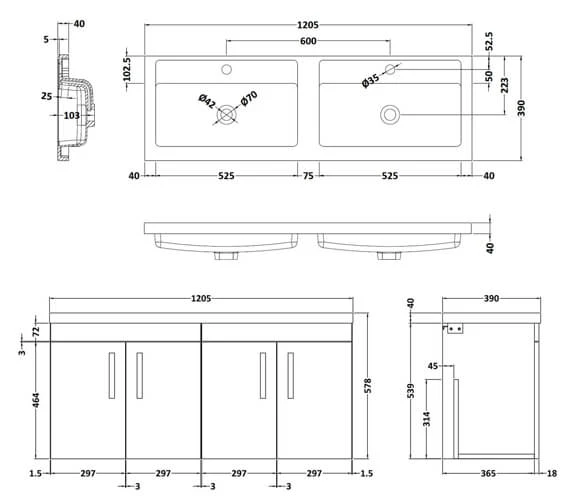Nuie Athena 1205 X 390mm Wall Hung 4 Door Cabinet And Double Basin 4 Nuie Athena 1205 X 390mm Wall Hung 4 Door Cabinet And Double Basin - Image 2