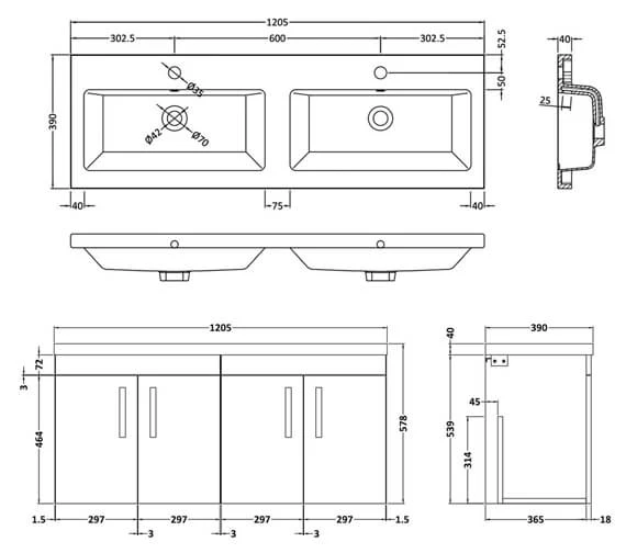 Nuie Athena 1205 X 390mm Wall Hung 4 Door Cabinet And Double Basin 5 Nuie Athena 1205 X 390mm Wall Hung 4 Door Cabinet And Double Basin - Image 3