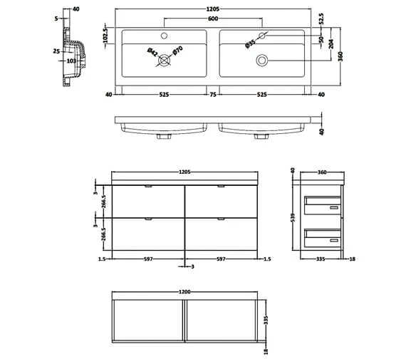 Hudson Reed Fusion 1200mm Wall Hung Full Depth 4 Drawer Vanity Unit And Basin 4 Hudson Reed Fusion 1200mm Wall Hung Full Depth 4 Drawer Vanity Unit And Basin - Image 2