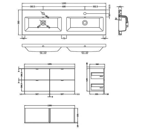 Hudson Reed Fusion 1200mm Wall Hung Full Depth 4 Drawer Vanity Unit And Basin 5 Hudson Reed Fusion 1200mm Wall Hung Full Depth 4 Drawer Vanity Unit And Basin - Image 3