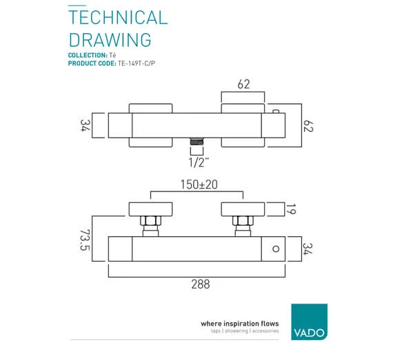 Vado TE Chrome Exposed Square Thermostatic Shower Valve 4 Vado TE Chrome Exposed Square Thermostatic Shower Valve - Image 2