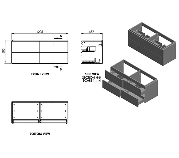 Essential Dakota 1205mm 4 Drawer Wall Hung Unit And Basin 4 Essential Dakota 1205mm 4 Drawer Wall Hung Unit And Basin - Image 2
