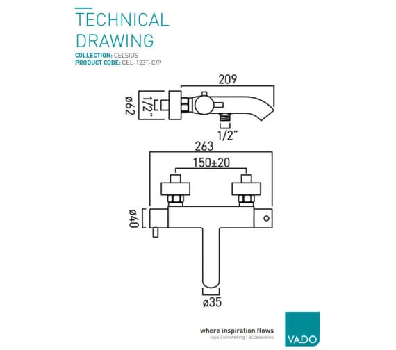 Vado Celsius Wall Mounted Chrome Thermostatic Bath Shower Mixer Tap 4 Vado Celsius Wall Mounted Chrome Thermostatic Bath Shower Mixer Tap - Image 2