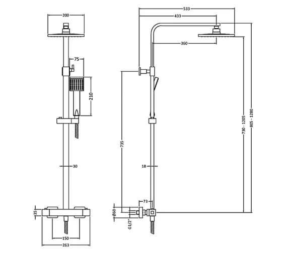 Nuie Square Chrome Thermostatic Bar Valve With Rigid Riser Kit 4 Nuie Square Chrome Thermostatic Bar Valve With Rigid Riser Kit - Image 2