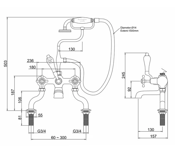 Burlington Deck Mounted Traditional Bath Shower Mixer Tap With Claremont Handles 4 Burlington Deck Mounted Traditional Bath Shower Mixer Tap With Claremont Handles - Image 2