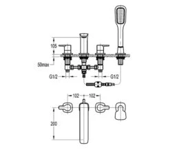 Flova Urban 4 Hole Diamond Chrome Finish Bath-Shower Mixer Tap With Handset And Hose -Shower Room QS V76954 2 mn